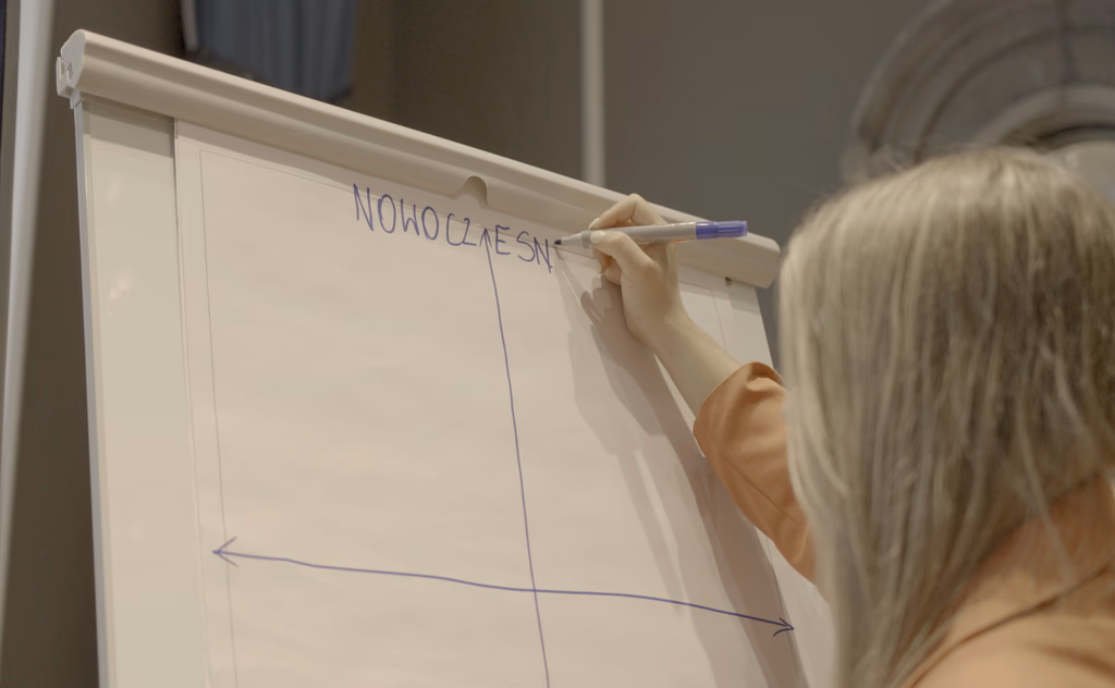 A workshop in progress, mapping a brand out on a flipchart
