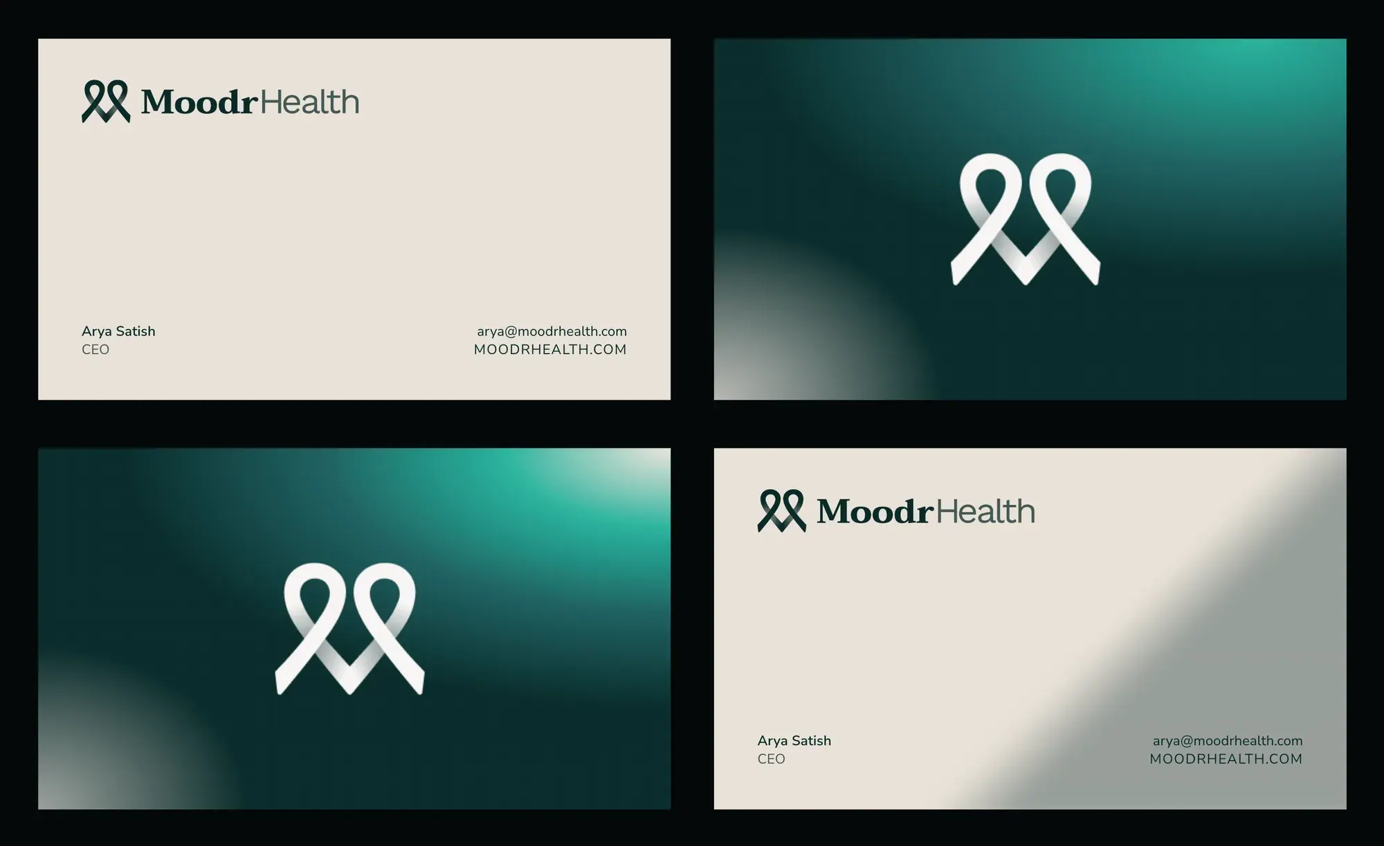 Four Moodr Health business cards: two paper fronts with the horizontal lockup and two teal gradient backs with the white ribbon mark