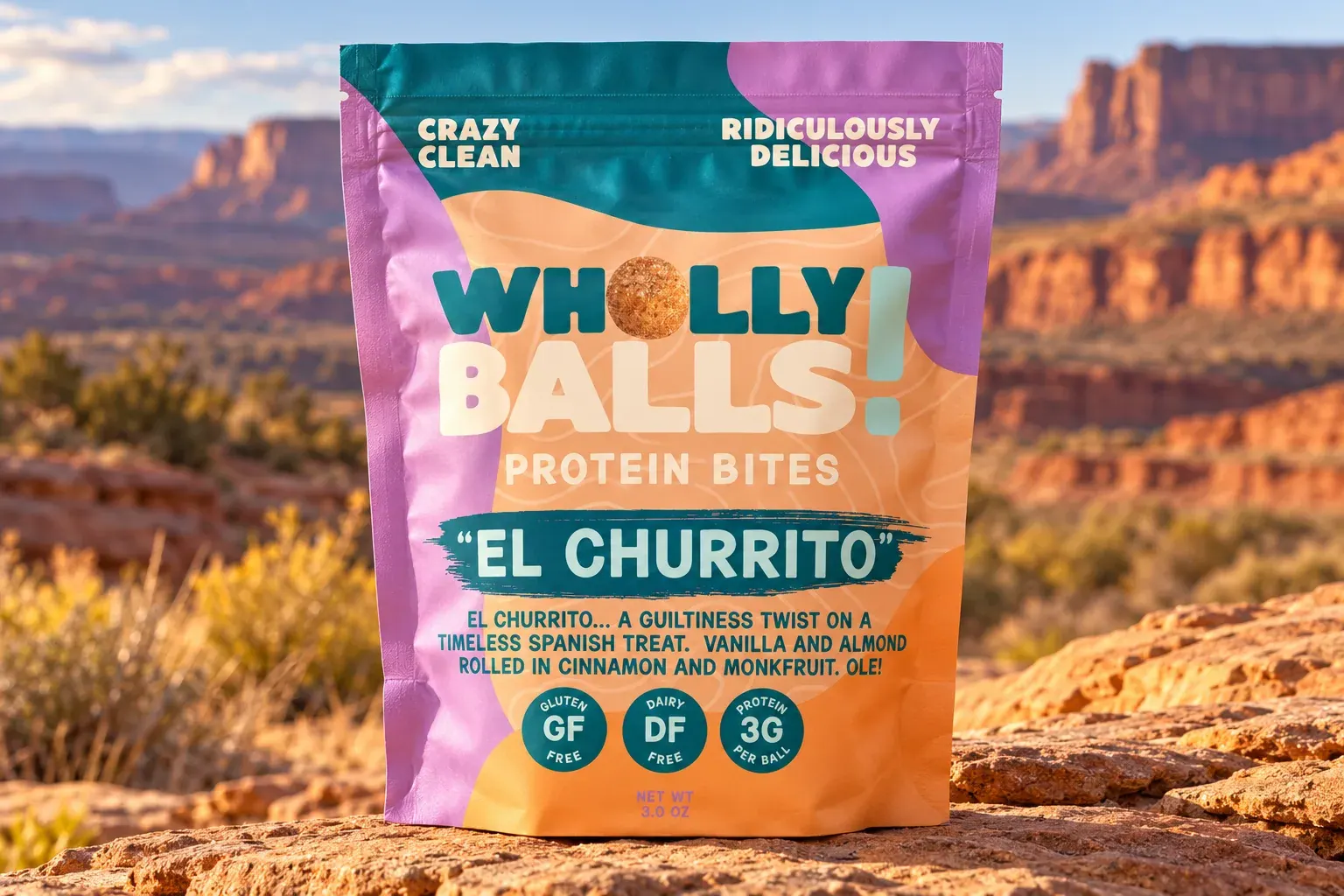 An El Churrito pouch on red sandstone with desert mesas behind it at golden hour