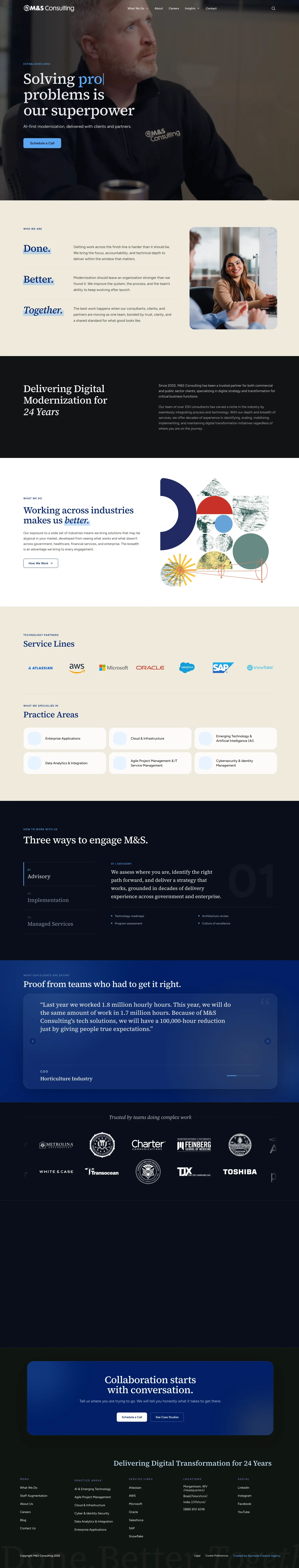 The full mandsconsulting.com homepage, from the hero through to the footer