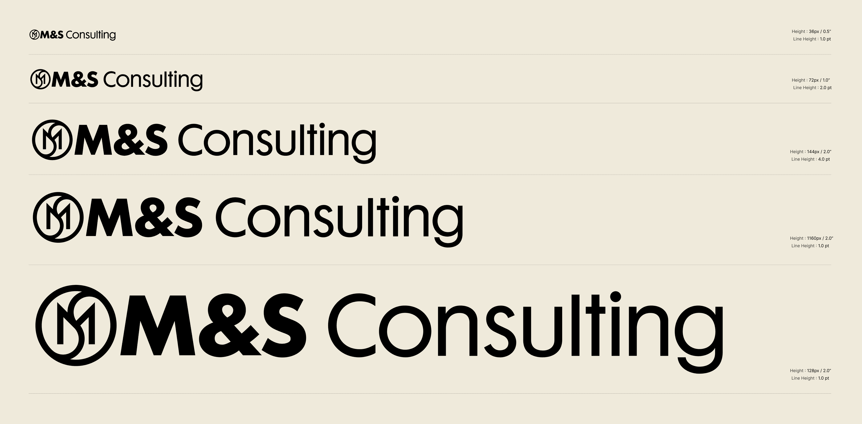 The M&S Consulting lockup at five specified sizes, each with its height and line-height