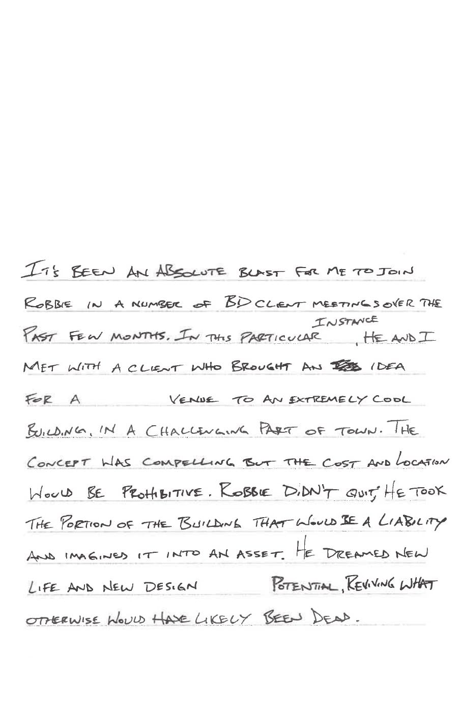 Handwritten Catalyst story card about serving as assistant superintendent on a project