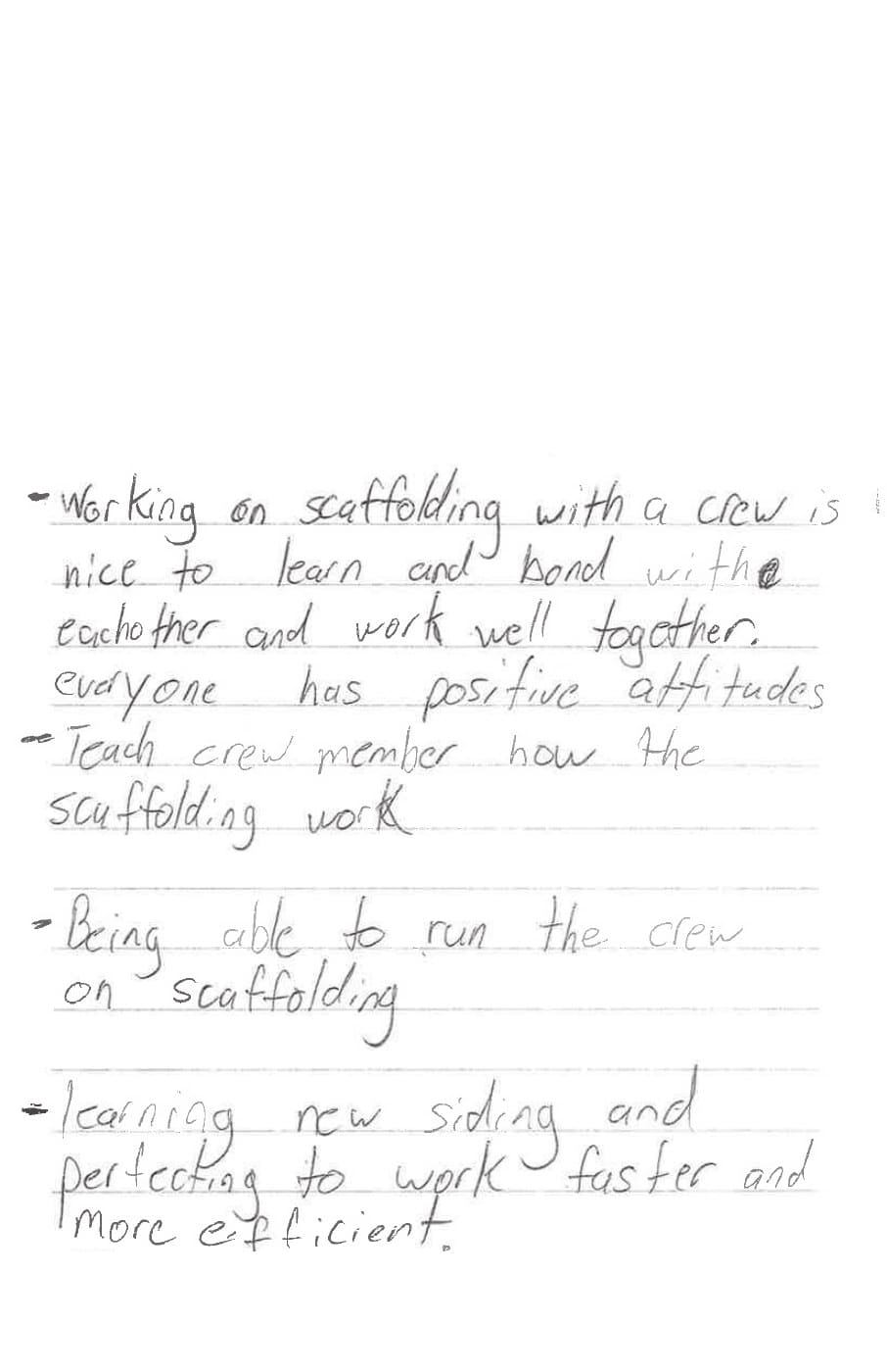 Handwritten Catalyst story card about scaffolding and jobsite safety