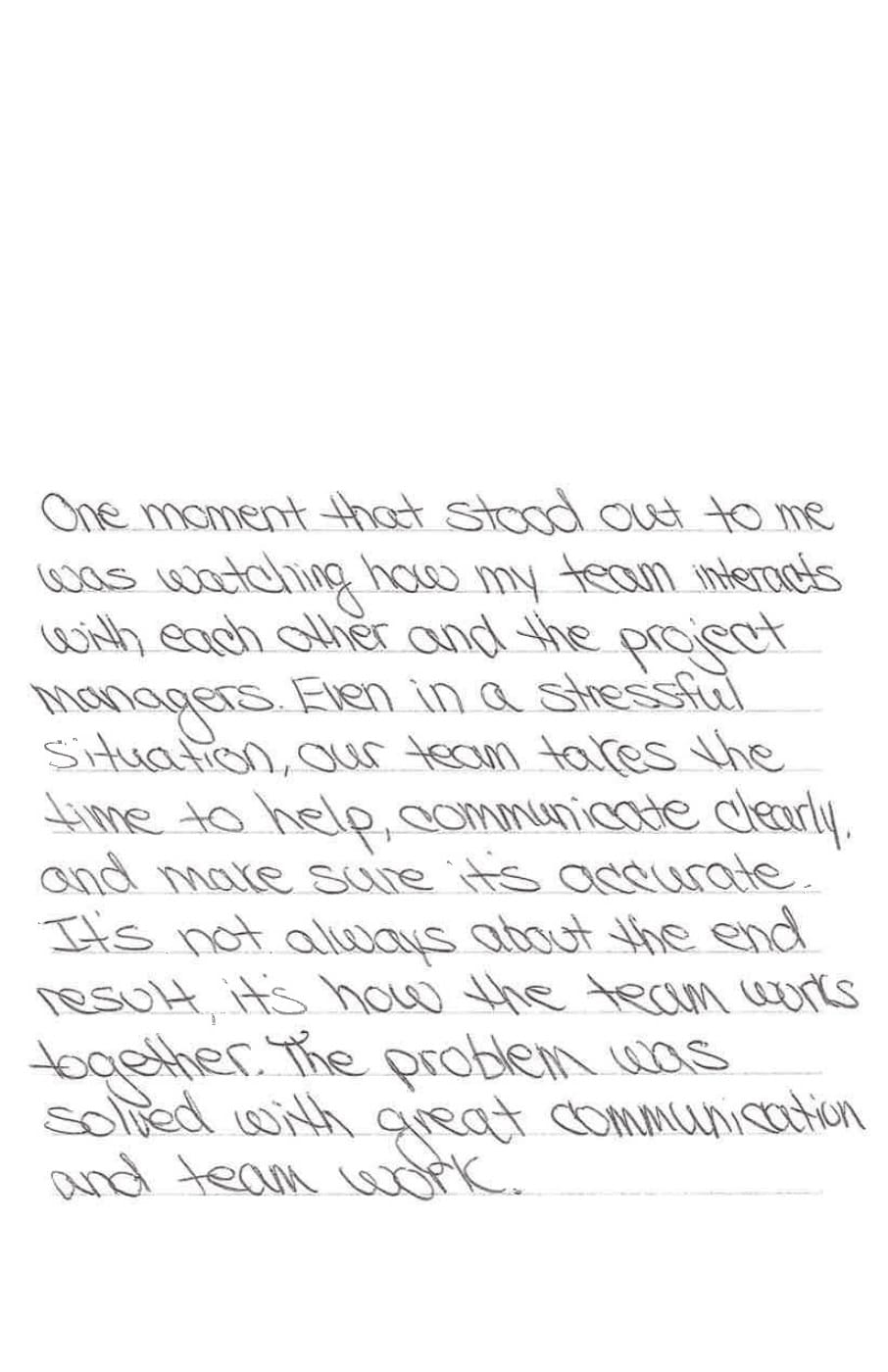 Handwritten Catalyst story card about communication and teamwork