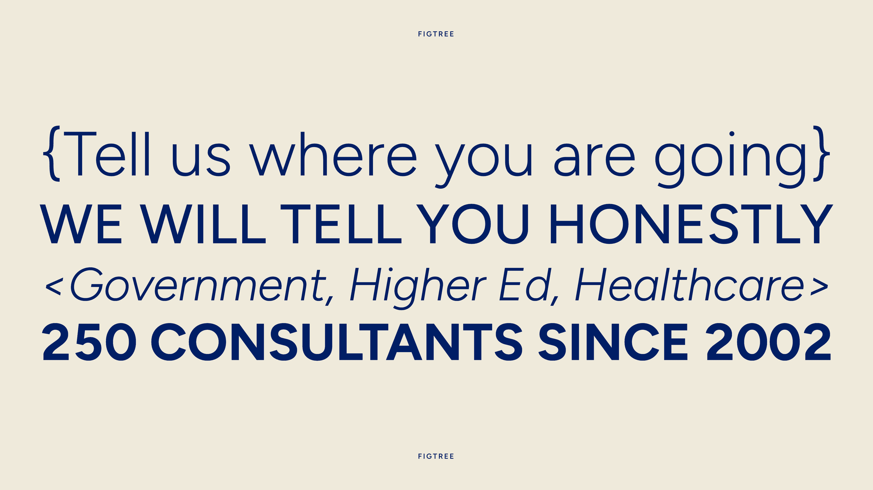 Figtree set in four weights carrying brand lines: Tell us where you are going, We will tell you honestly, Government Higher Ed Healthcare, 250 consultants since 2002