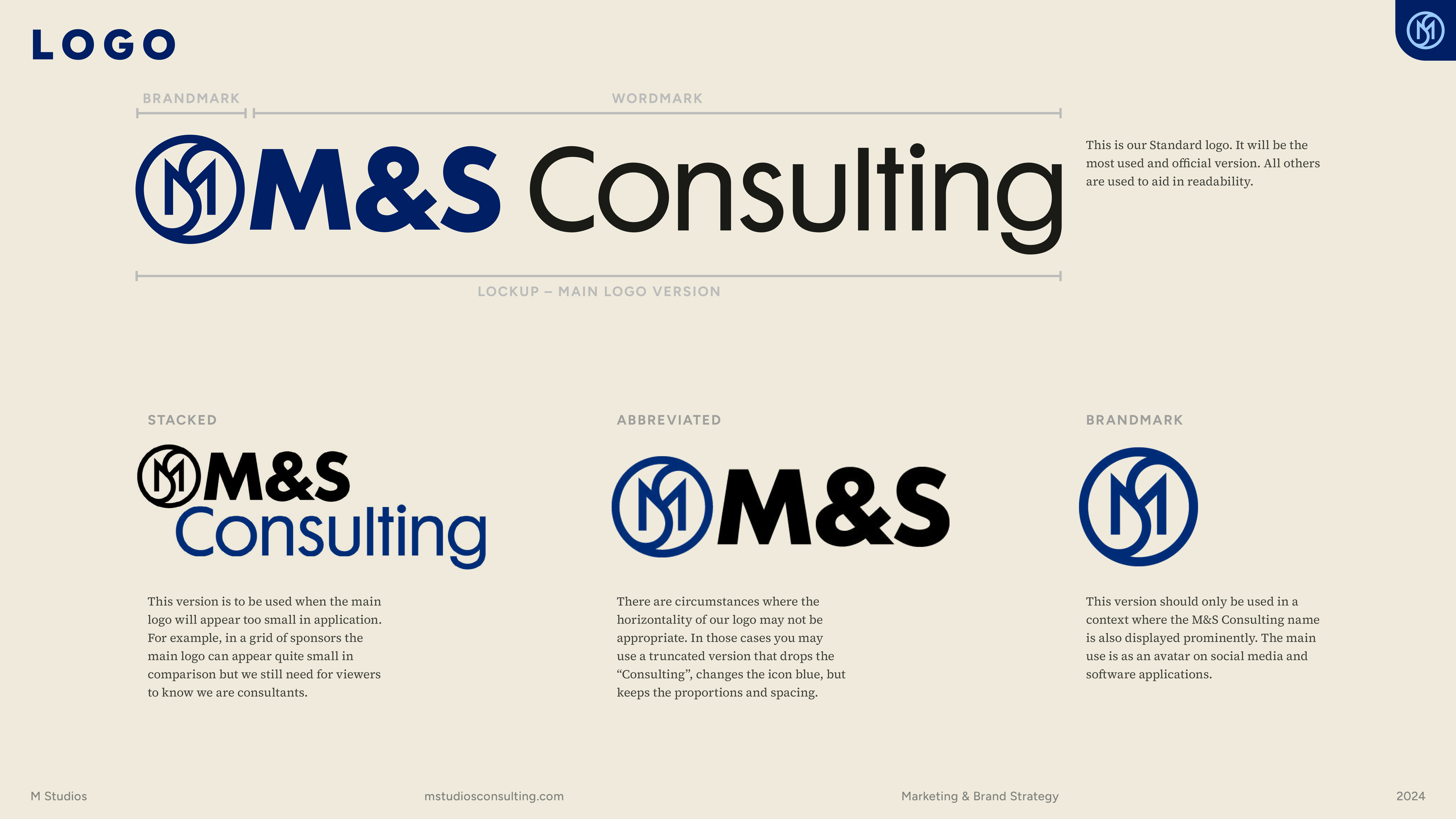 M&S Consulting brand guidelines identity section