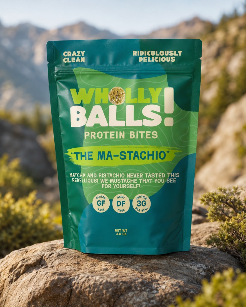 Wholly Balls The Ma-stachio package mockup in a mountain setting